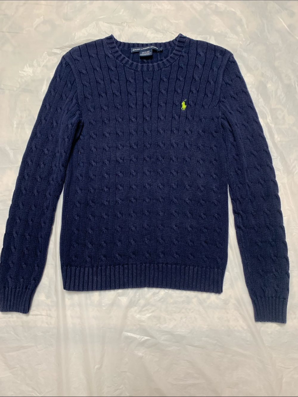 Ralph Lauren Sport Vintage Y2K Blue Fitted Cable Knit Crewneck Sweater Sz L